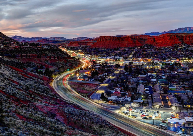 Sunset city light in St. George Utah at dusk